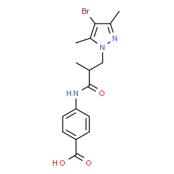 ChemSpider 2D Image | 4-{[3-(4-Bromo-3,5-dimethyl-1H-pyrazol-1-yl)-2-methylpropanoyl]amino}benzoic acid | C16H18BrN3O3