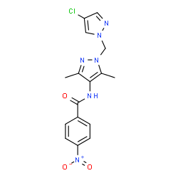 ChemSpider 2D Image | N-{1-[(4-Chloro-1H-pyrazol-1-yl)methyl]-3,5-dimethyl-1H-pyrazol-4-yl}-4-nitrobenzamide | C16H15ClN6O3