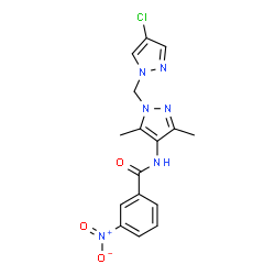 ChemSpider 2D Image | N-{1-[(4-Chloro-1H-pyrazol-1-yl)methyl]-3,5-dimethyl-1H-pyrazol-4-yl}-3-nitrobenzamide | C16H15ClN6O3