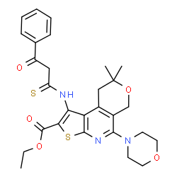 ChemSpider 2D Image | Ethyl 8,8-dimethyl-5-(4-morpholinyl)-1-[(3-oxo-3-phenylpropanethioyl)amino]-8,9-dihydro-6H-pyrano[4,3-d]thieno[2,3-b]pyridine-2-carboxylate | C28H31N3O5S2