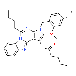 ChemSpider 2D Image | 5-Butyl-3-(2,4-dimethoxybenzyl)-3H-pyrrolo[2',3':4,5]pyrimido[1,6-a]benzimidazol-1-yl valerate | C30H34N4O4