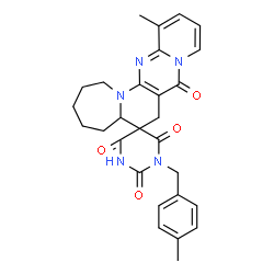 ChemSpider 2D Image | 13-Methyl-1'-(4-methylbenzyl)-1,2,3,4,5,5a-hexahydro-2'H,7H,8H-spiro[pyrido[1'',2'':1',2']pyrimido[5',4':5,6]pyrido[1,2-a]azepine-6,5'-pyrimidine]-2',4',6',8(1'H,3'H)-tetrone | C28H29N5O4