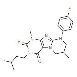 ChemSpider 2D Image | 9-(4-Fluorophenyl)-1,7-dimethyl-3-(3-methylbutyl)-6,7,8,9-tetrahydropyrimido[2,1-f]purine-2,4(1H,3H)-dione | C21H26FN5O2