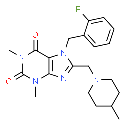 ChemSpider 2D Image | 7-(2-Fluorobenzyl)-1,3-dimethyl-8-[(4-methyl-1-piperidinyl)methyl]-3,7-dihydro-1H-purine-2,6-dione | C21H26FN5O2