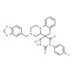ChemSpider 2D Image | 3-(1,3-Benzodioxol-5-ylmethyl)-1'-(4-fluorophenyl)-2,3,4,4a-tetrahydro-1H,2'H,6H-spiro[pyrazino[1,2-a]quinoline-5,5'-pyrimidine]-2',4',6'(1'H,3'H)-trione | C29H25FN4O5