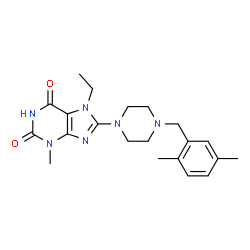 ChemSpider 2D Image | 8-[4-(2,5-Dimethylbenzyl)-1-piperazinyl]-7-ethyl-3-methyl-3,7-dihydro-1H-purine-2,6-dione | C21H28N6O2