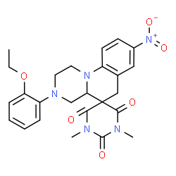 ChemSpider 2D Image | 3-(2-Ethoxyphenyl)-1',3'-dimethyl-8-nitro-2,3,4,4a-tetrahydro-1H,2'H,6H-spiro[pyrazino[1,2-a]quinoline-5,5'-pyrimidine]-2',4',6'(1'H,3'H)-trione | C25H27N5O6