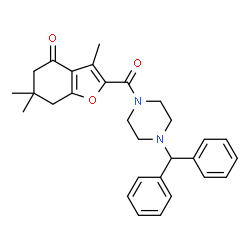 ChemSpider 2D Image | 2-{[4-(Diphenylmethyl)-1-piperazinyl]carbonyl}-3,6,6-trimethyl-6,7-dihydro-1-benzofuran-4(5H)-one | C29H32N2O3