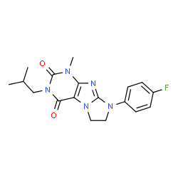 ChemSpider 2D Image | 8-(4-Fluorophenyl)-3-isobutyl-1-methyl-7,8-dihydro-1H-imidazo[2,1-f]purine-2,4(3H,6H)-dione | C18H20FN5O2
