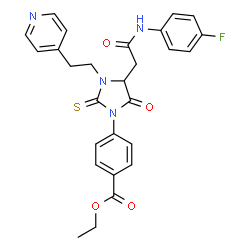 ChemSpider 2D Image | Ethyl 4-(4-{2-[(4-fluorophenyl)amino]-2-oxoethyl}-5-oxo-3-[2-(4-pyridinyl)ethyl]-2-thioxo-1-imidazolidinyl)benzoate | C27H25FN4O4S