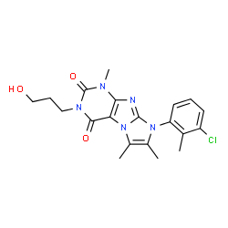 ChemSpider 2D Image | 8-(3-Chloro-2-methylphenyl)-3-(3-hydroxypropyl)-1,6,7-trimethyl-1H-imidazo[2,1-f]purine-2,4(3H,8H)-dione | C20H22ClN5O3