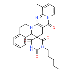 ChemSpider 2D Image | spiro[6H,7H-benzo[a]pyrido[1',2':1,2]pyrimido[4,5-f]quinolizine-5(15H),5'(4'H)-pyrimidine]-4',6',7(1'H)-trione, 4b,16-dihydro-2'-hydroxy-12-methyl-1'-pentyl- | C28H29N5O4