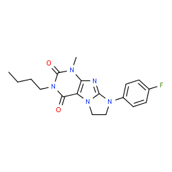 ChemSpider 2D Image | 3-Butyl-8-(4-fluorophenyl)-1-methyl-7,8-dihydro-1H-imidazo[2,1-f]purine-2,4(3H,6H)-dione | C18H20FN5O2