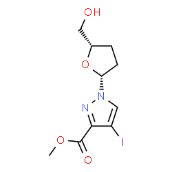 ChemSpider 2D Image | Methyl 1-[(2R,5S)-5-(hydroxymethyl)tetrahydro-2-furanyl]-4-iodo-1H-pyrazole-3-carboxylate | C10H13IN2O4
