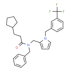 ChemSpider 2D Image | N-Benzyl-3-cyclopentyl-N-({1-[3-(trifluoromethyl)benzyl]-1H-pyrrol-2-yl}methyl)propanamide | C28H31F3N2O