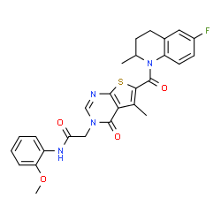ChemSpider 2D Image | 2-{6-[(6-Fluoro-2-methyl-3,4-dihydro-1(2H)-quinolinyl)carbonyl]-5-methyl-4-oxothieno[2,3-d]pyrimidin-3(4H)-yl}-N-(2-methoxyphenyl)acetamide | C27H25FN4O4S