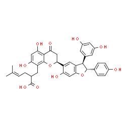 ChemSpider 2D Image | 2-({(2S)-2-[(2R,3R)-3-(3,5-Dihydroxyphenyl)-6-hydroxy-2-(4-hydroxyphenyl)-2,3-dihydro-1-benzofuran-5-yl]-5,7-dihydroxy-4-oxo-3,4-dihydro-2H-chromen-8-yl}methyl)-5-methyl-4-hexenoic acid | C37H34O11