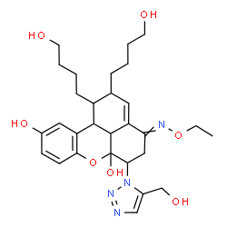 ChemSpider 2D Image | 4-(Ethoxyimino)-1,2-bis(4-hydroxybutyl)-6-[5-(hydroxymethyl)-1H-1,2,3-triazol-1-yl]-2,4,5,6,11b,11c-hexahydrobenzo[kl]xanthene-6a,10(1H)-diol | C29H40N4O7
