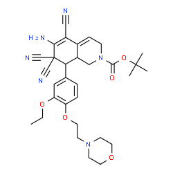 ChemSpider 2D Image | tert-butyl 6-amino-5,7,7-tricyano-8-{3-ethoxy-4-[2-(4-morpholinyl)ethoxy]phenyl}-3,7,8,8a-tetrahydro-2(1H)-isoquinolinecarboxylate | C31H38N6O5