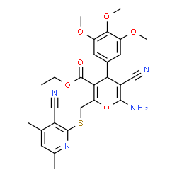 ChemSpider 2D Image | Ethyl 6-amino-5-cyano-2-{[(3-cyano-4,6-dimethyl-2-pyridinyl)sulfanyl]methyl}-4-(3,4,5-trimethoxyphenyl)-4H-pyran-3-carboxylate | C27H28N4O6S
