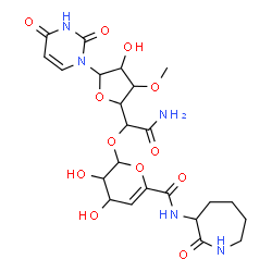 ChemSpider 2D Image | 6-{Carbamoyl-[5-(2,4-dioxo-3,4-dihydro-2H-pyrimidin-1-yl)-4-hydroxy-3-methoxy-tetrahydro-furan-2-yl]-methoxy}-4,5-dihydroxy-5,6-dihydro-4H-pyran-2-carboxylic acid (2-oxo-azepan-3-yl)-amide | C23H31N5O12