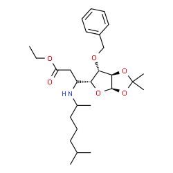 ChemSpider 2D Image | Ethyl (3S)-3-[(3aR,5R,6S,6aR)-6-(benzyloxy)-2,2-dimethyltetrahydrofuro[2,3-d][1,3]dioxol-5-yl]-3-[(6-methyl-2-heptanyl)amino]propanoate | C27H43NO6