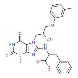 ChemSpider 2D Image | N-{7-[2-Hydroxy-3-(3-methylphenoxy)propyl]-3-methyl-2,6-dioxo-2,3,6,7-tetrahydro-1H-purin-8-yl}phenylalanine | C25H27N5O6