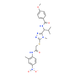 ChemSpider 2D Image | 4-Methoxy-N-{2-methyl-1-[4-methyl-5-({2-[(2-methyl-4-nitrophenyl)amino]-2-oxoethyl}sulfanyl)-4H-1,2,4-triazol-3-yl]propyl}benzamide | C24H28N6O5S