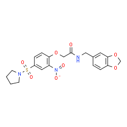 ChemSpider 2D Image | N-(1,3-Benzodioxol-5-ylmethyl)-2-[2-nitro-4-(1-pyrrolidinylsulfonyl)phenoxy]acetamide | C20H21N3O8S