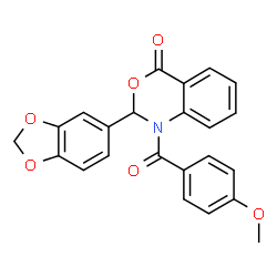 ChemSpider 2D Image | 2-(1,3-Benzodioxol-5-yl)-1-(4-methoxybenzoyl)-1,2-dihydro-4H-3,1-benzoxazin-4-one | C23H17NO6