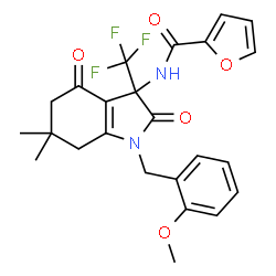 ChemSpider 2D Image | N-[1-(2-Methoxybenzyl)-6,6-dimethyl-2,4-dioxo-3-(trifluoromethyl)-2,3,4,5,6,7-hexahydro-1H-indol-3-yl]-2-furamide | C24H23F3N2O5
