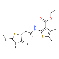 ChemSpider 2D Image | Ethyl 4,5-dimethyl-2-({[(2Z)-3-methyl-2-(methylimino)-4-oxo-1,3-thiazolidin-5-yl]acetyl}amino)-3-thiophenecarboxylate | C16H21N3O4S2