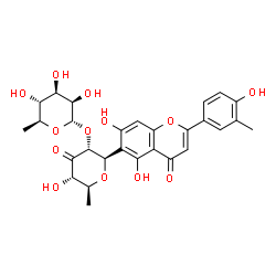ChemSpider 2D Image | (1R)-1,5-Anhydro-6-deoxy-2-O-(6-deoxy-alpha-L-mannopyranosyl)-1-[5,7-dihydroxy-2-(4-hydroxy-3-methylphenyl)-4-oxo-4H-chromen-6-yl]-L-ribo-hex-3-ulose | C28H30O13