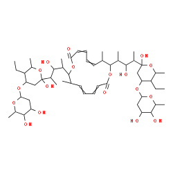 ChemSpider 2D Image | 8,16-Bis(4-{4-[(4,5-dihydroxy-6-methyltetrahydro-2H-pyran-2-yl)oxy]-5-ethyl-2-hydroxy-6-methyltetrahydro-2H-pyran-2-yl}-3-hydroxy-2-pentanyl)-7,15-dimethyl-1,9-dioxacyclohexadeca-3,5,11,13-tetraene-2,
10-dione | C54H88O18