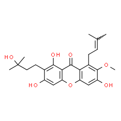 ChemSpider 2D Image | 1,3,6-Trihydroxy-2-(3-hydroxy-3-methylbutyl)-7-methoxy-8-(3-methyl-2-buten-1-yl)-9H-xanthen-9-one | C24H28O7