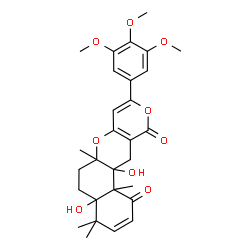 ChemSpider 2D Image | 4a,12a-Dihydroxy-4,4,6a,12b-tetramethyl-9-(3,4,5-trimethoxyphenyl)-4a,6,6a,12,12a,12b-hexahydro-4H,11H-benzo[f]pyrano[4,3-b]chromene-1,11(5H)-dione | C29H34O9