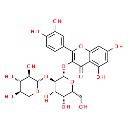 ChemSpider 2D Image | 2-(3,4-Dihydroxyphenyl)-5,7-dihydroxy-4-oxo-4H-chromen-3-yl 2-O-beta-D-xylopyranosyl-beta-D-galactopyranoside | C26H28O16