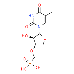 ChemSpider 2D Image | ({[(3S,4R,5R)-4-Hydroxy-5-(5-methyl-2,4-dioxo-3,4-dihydro-1(2H)-pyrimidinyl)tetrahydro-3-furanyl]oxy}methyl)phosphonic acid | C10H15N2O8P
