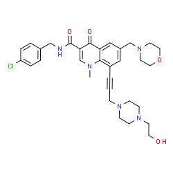ChemSpider 2D Image | N-(4-Chlorobenzyl)-8-{3-[4-(2-hydroxyethyl)-1-piperazinyl]-1-propyn-1-yl}-1-methyl-6-(4-morpholinylmethyl)-4-oxo-1,4-dihydro-3-quinolinecarboxamide | C32H38ClN5O4