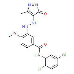 ChemSpider 2D Image | N-(2,5-Dichlorophenyl)-4-methoxy-3-[2-(5-methyl-3-oxo-3H-pyrazol-4-yl)hydrazino]benzamide | C18H15Cl2N5O3