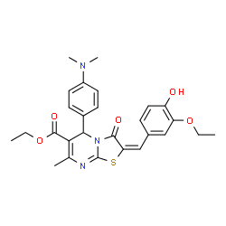 ChemSpider 2D Image | Ethyl (2E)-5-[4-(dimethylamino)phenyl]-2-(3-ethoxy-4-hydroxybenzylidene)-7-methyl-3-oxo-2,3-dihydro-5H-[1,3]thiazolo[3,2-a]pyrimidine-6-carboxylate | C27H29N3O5S