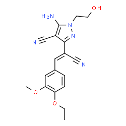 ChemSpider 2D Image | 5-Amino-3-[(Z)-1-cyano-2-(4-ethoxy-3-methoxyphenyl)vinyl]-1-(2-hydroxyethyl)-1H-pyrazole-4-carbonitrile | C18H19N5O3