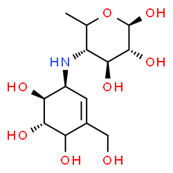 ChemSpider 2D Image | (5xi)-4,6-Dideoxy-4-{[(1S,5S,6S)-4,5,6-trihydroxy-3-(hydroxymethyl)-2-cyclohexen-1-yl]amino}-beta-D-xylo-hexopyranose | C13H23NO8