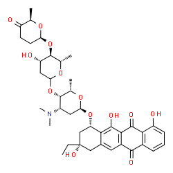 ChemSpider 2D Image | (1S,3S)-3-Ethyl-3,10,12-trihydroxy-6,11-dioxo-1,2,3,4,6,11-hexahydro-1-tetracenyl 2,3,6-trideoxy-4-O-{2,6-dideoxy-4-O-[(2R,6R)-6-methyl-5-oxotetrahydro-2H-pyran-2-yl]-L-arabino-hexopyranosyl}-3-(dimet
hylamino)-alpha-L-lyxo-hexopyranoside | C40H51NO13