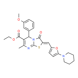 ChemSpider 2D Image | Ethyl (2Z)-5-(3-methoxyphenyl)-7-methyl-3-oxo-2-{[5-(1-piperidinyl)-2-furyl]methylene}-2,3-dihydro-5H-[1,3]thiazolo[3,2-a]pyrimidine-6-carboxylate | C27H29N3O5S