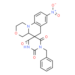ChemSpider 2D Image | 1'-Benzyl-8-nitro-1,2,4,4a-tetrahydro-2'H,6H-spiro[1,4-oxazino[4,3-a]quinoline-5,5'-pyrimidine]-2',4',6'(1'H,3'H)-trione | C22H20N4O6