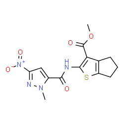 ChemSpider 2D Image | Methyl 2-{[(1-methyl-3-nitro-1H-pyrazol-5-yl)carbonyl]amino}-5,6-dihydro-4H-cyclopenta[b]thiophene-3-carboxylate | C14H14N4O5S