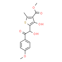 ChemSpider 2D Image | Methyl 4-hydroxy-5-[1-hydroxy-2-(4-methoxyphenyl)-2-oxoethyl]-2-methyl-3-thiophenecarboxylate | C16H16O6S