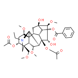 ChemSpider 2D Image | (1alpha,3alpha,6alpha,14alpha,15alpha,16beta,17S)-3,8-Diacetoxy-20-ethyl-13,15-dihydroxy-1,6,16-trimethoxy-4-(methoxymethyl)aconitan-14-yl benzoate | C36H49NO12