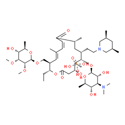 ChemSpider 2D Image | [(2R,3R,4E,6Z,9R,11R,12S,13S,14R)-12-{[3,6-Dideoxy-3-(dimethylamino)-beta-D-glucopyranosyl]oxy}-11-{2-[(3R,5S)-3,5-dimethyl-1-piperidinyl]ethyl}-2-ethyl-14-hydroxy-5,9,13-trimethyl-8,16-dioxooxacycloh
exadeca-4,6-dien-3-yl]methyl 6-deoxy-2,3-di-O-methyl-beta-D-allopyranoside phosphate (1:1) | C46H83N2O17P